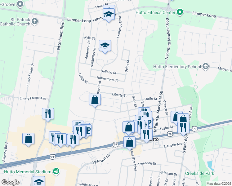 map of restaurants, bars, coffee shops, grocery stores, and more near 310 Liberty Street in Hutto