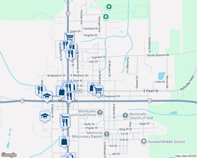 map of restaurants, bars, coffee shops, grocery stores, and more near 667-727 North Railroad Street in Monticello