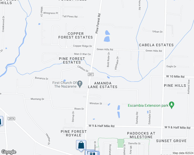 map of restaurants, bars, coffee shops, grocery stores, and more near 3320 Pine Forest Road in Cantonment