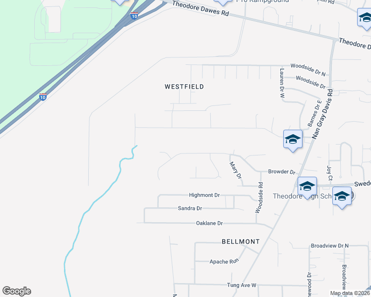 map of restaurants, bars, coffee shops, grocery stores, and more near 6751 Barnes Road in Theodore
