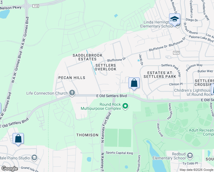 map of restaurants, bars, coffee shops, grocery stores, and more near 2714 Crimson Sky Court in Round Rock