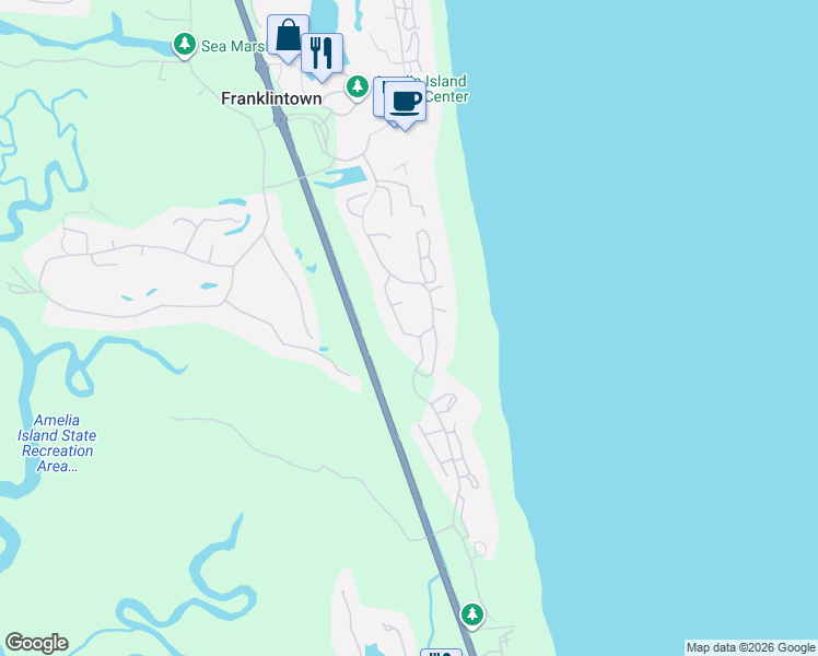 map of restaurants, bars, coffee shops, grocery stores, and more near 33 Canvasback Road in Fernandina Beach