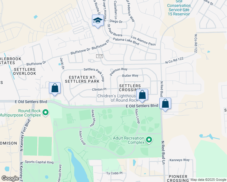 map of restaurants, bars, coffee shops, grocery stores, and more near 3100 Clinton Place in Round Rock