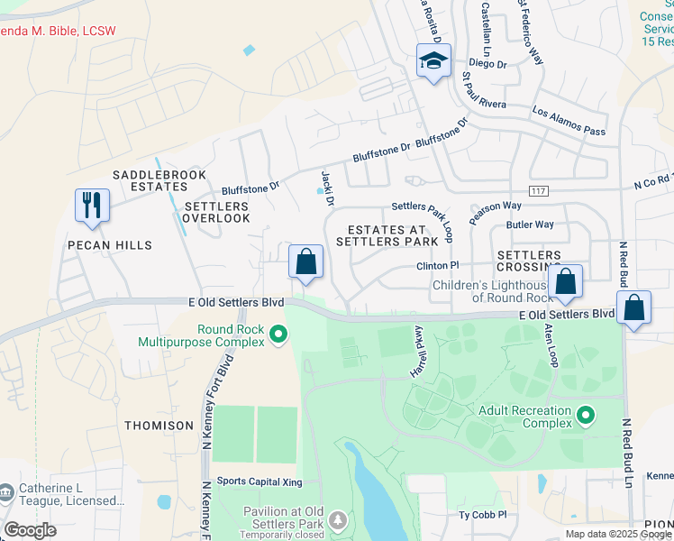 map of restaurants, bars, coffee shops, grocery stores, and more near 2116 Aaron Ross Way in Round Rock
