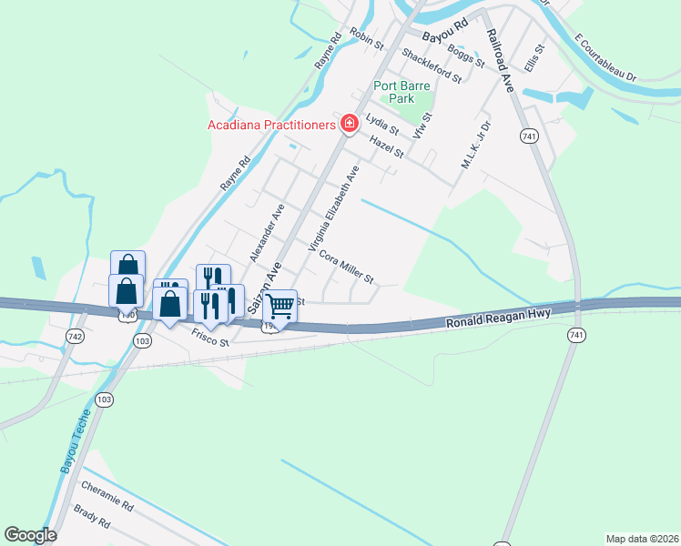 map of restaurants, bars, coffee shops, grocery stores, and more near Cora Miller Street in Port Barre