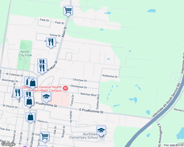 map of restaurants, bars, coffee shops, grocery stores, and more near 601-1733 Leday Street in Opelousas