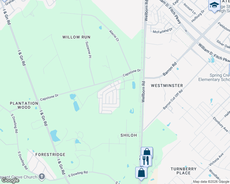 map of restaurants, bars, coffee shops, grocery stores, and more near 3405 Treeline Drive in College Station