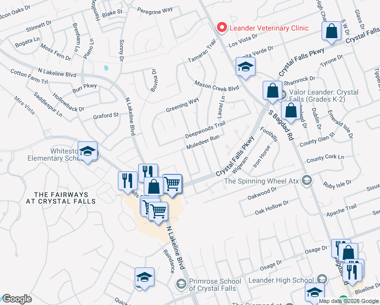 map of restaurants, bars, coffee shops, grocery stores, and more near 1505 Muledeer Run in Leander