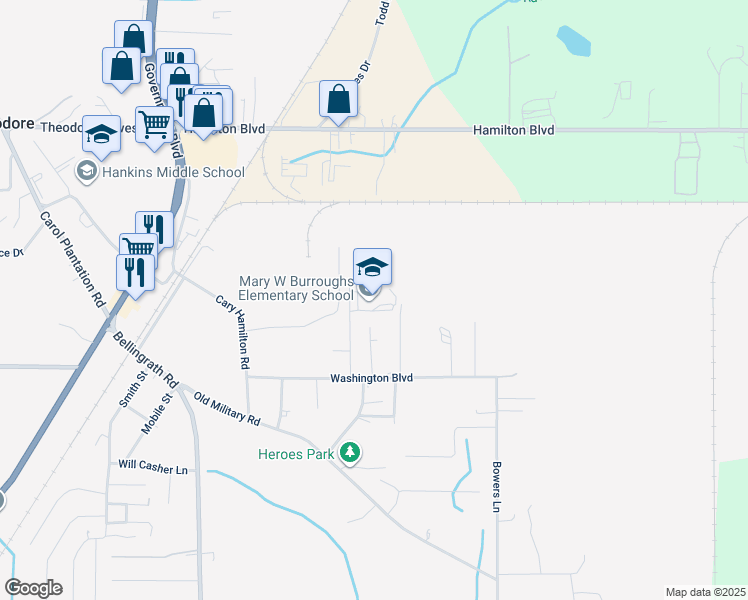 map of restaurants, bars, coffee shops, grocery stores, and more near 6875 Burroughs Lane in Theodore