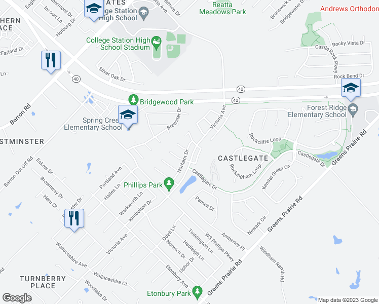 map of restaurants, bars, coffee shops, grocery stores, and more near 2307 Norham Drive in College Station