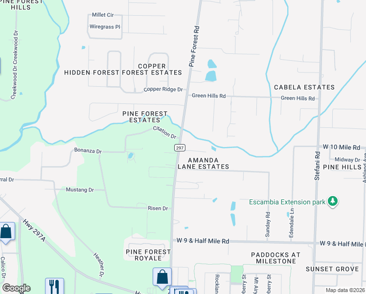 map of restaurants, bars, coffee shops, grocery stores, and more near 3308 Pine Forest Road in Cantonment