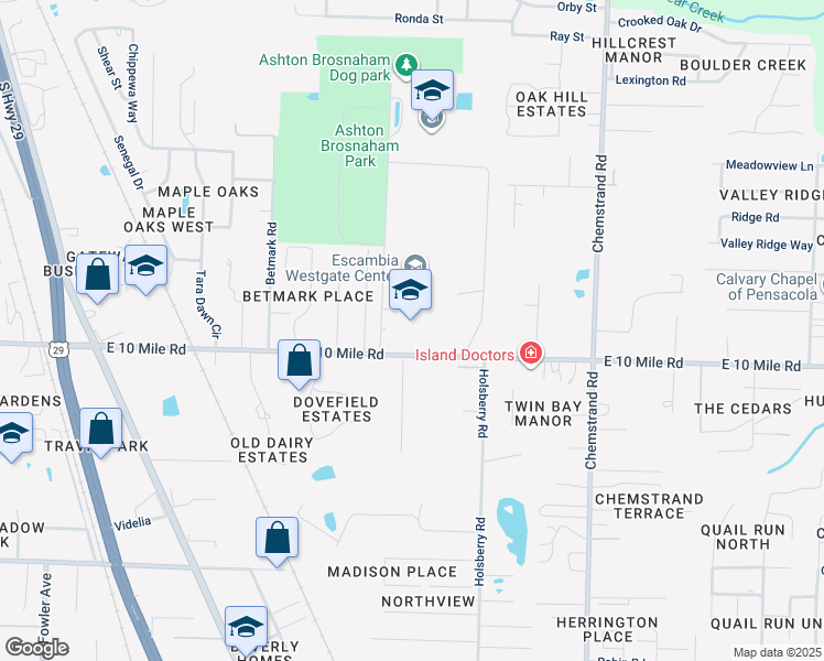 map of restaurants, bars, coffee shops, grocery stores, and more near 330 East 10 Mile Road in Pensacola