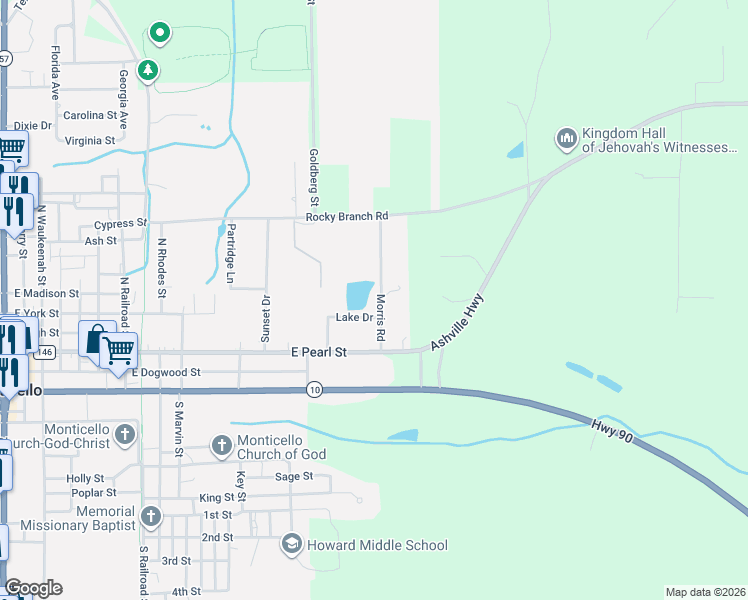 map of restaurants, bars, coffee shops, grocery stores, and more near 485 Morris Road in Monticello