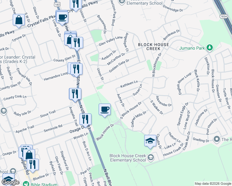 map of restaurants, bars, coffee shops, grocery stores, and more near 402 Kathleen Lane in Leander