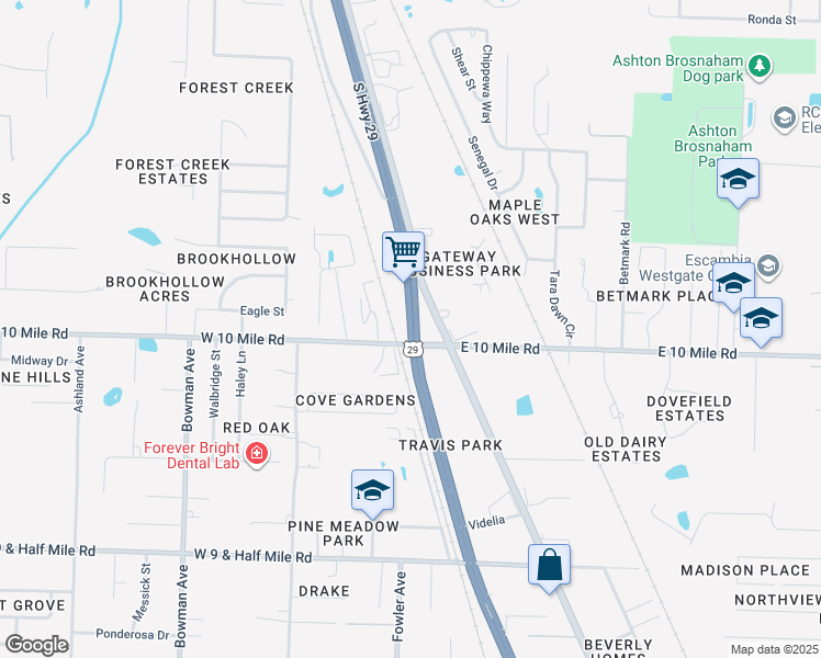 map of restaurants, bars, coffee shops, grocery stores, and more near 3352 Pensacola Boulevard in Gonzalez