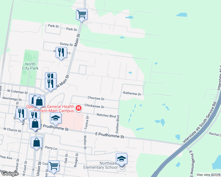 map of restaurants, bars, coffee shops, grocery stores, and more near 601-1733 Leday Street in Opelousas