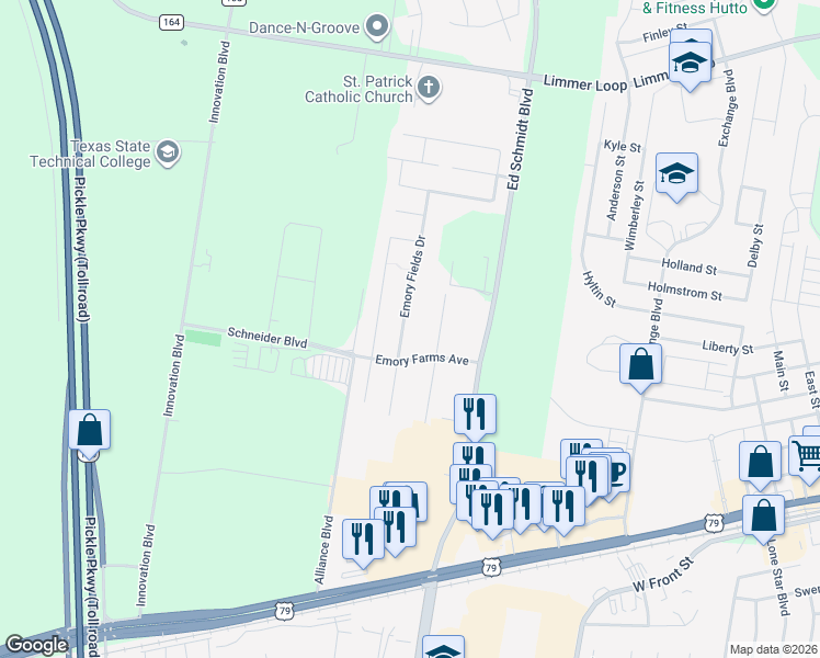 map of restaurants, bars, coffee shops, grocery stores, and more near 2008 Emory Farms Avenue in Hutto