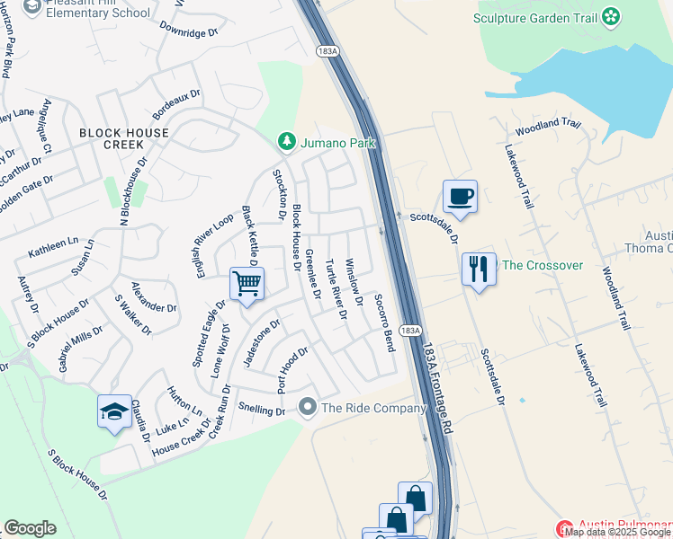 map of restaurants, bars, coffee shops, grocery stores, and more near 2706 Turtle River Drive in Leander
