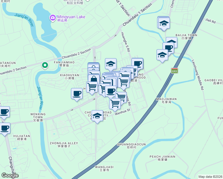 map of restaurants, bars, coffee shops, grocery stores, and more near Xi Hang Gang Xin Jie in Cheng Du Shi