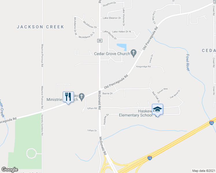 map of restaurants, bars, coffee shops, grocery stores, and more near 8404 Old Pascagoula Road in Irvington