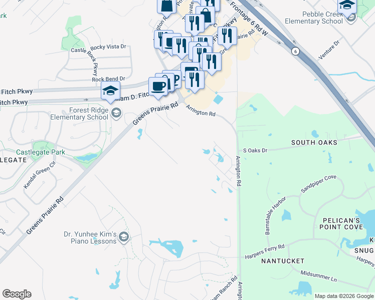 map of restaurants, bars, coffee shops, grocery stores, and more near 1801 Greens Prairie Road in College Station