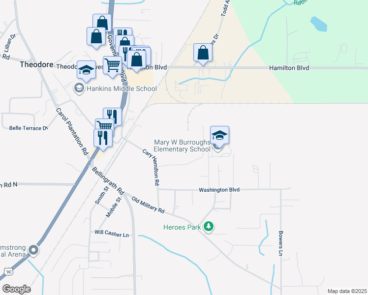 map of restaurants, bars, coffee shops, grocery stores, and more near 6901 Cary Hamilton Road in Theodore