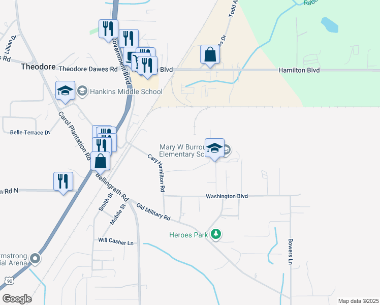 map of restaurants, bars, coffee shops, grocery stores, and more near 6901 Cary Hamilton Road in Theodore