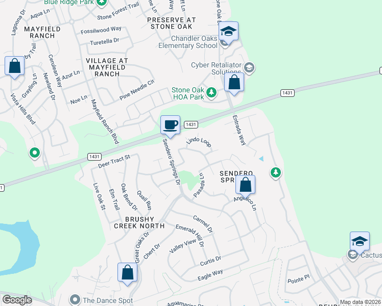 map of restaurants, bars, coffee shops, grocery stores, and more near 3107 Luminoso Lane West in Round Rock