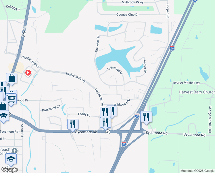 map of restaurants, bars, coffee shops, grocery stores, and more near 3005 Woods Road in Picayune