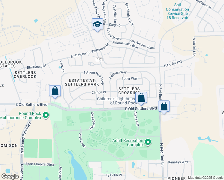 map of restaurants, bars, coffee shops, grocery stores, and more near 3100 Clinton Place in Round Rock