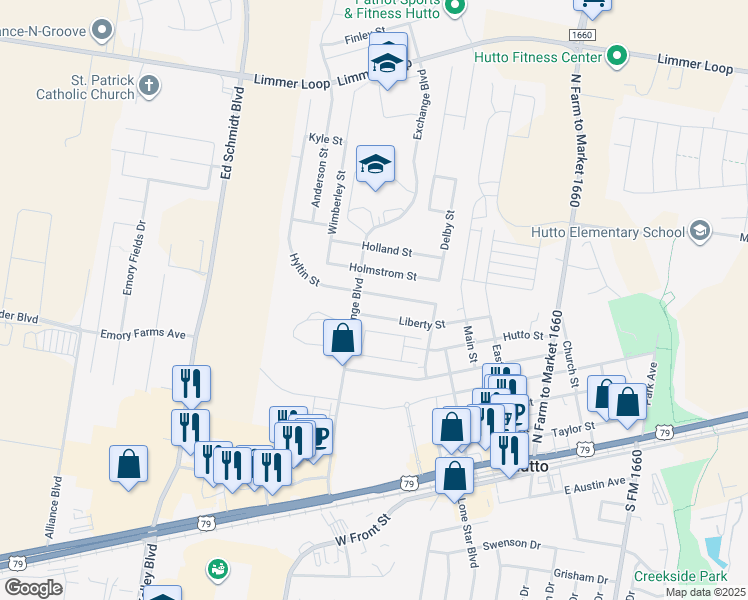 map of restaurants, bars, coffee shops, grocery stores, and more near 131 Hyltin Street in Hutto