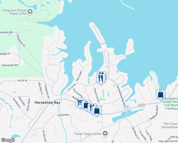 map of restaurants, bars, coffee shops, grocery stores, and more near 106 Starboard in Horseshoe Bay