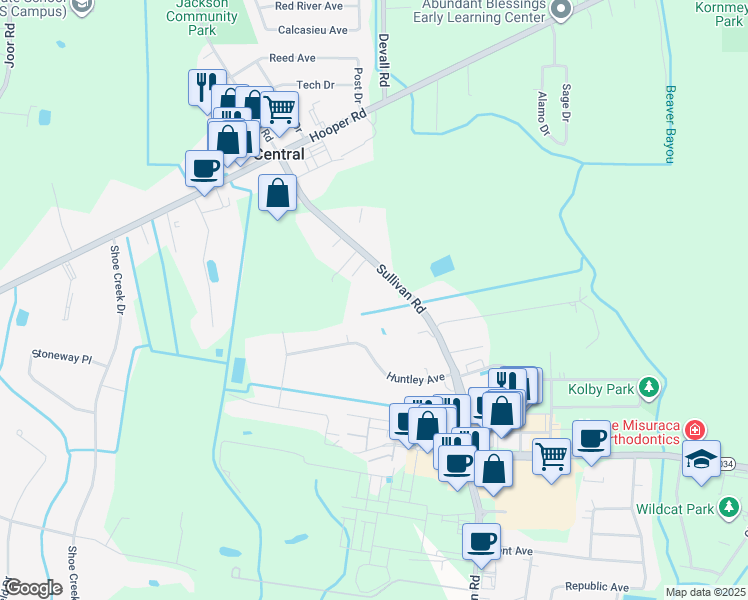 map of restaurants, bars, coffee shops, grocery stores, and more near 11217 Sullivan Road in Baton Rouge