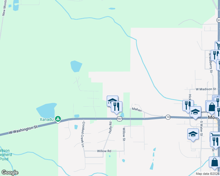 map of restaurants, bars, coffee shops, grocery stores, and more near 68 East Hunter Lane in Monticello