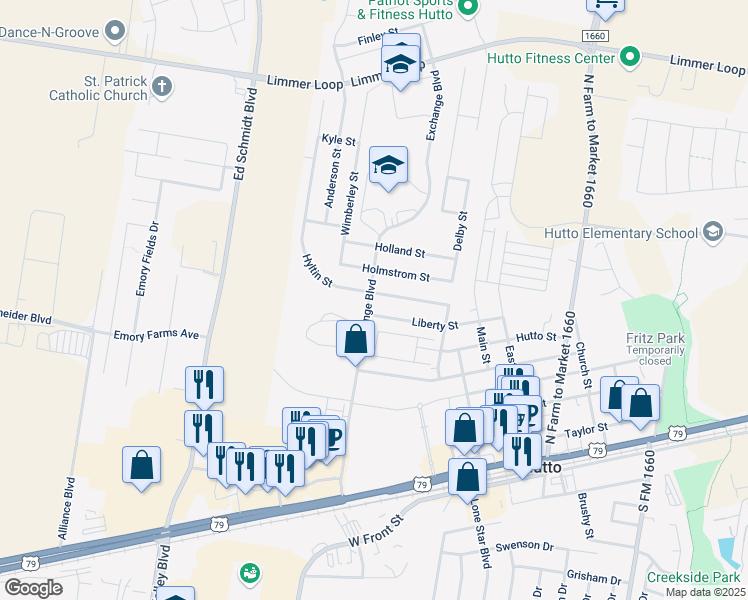 map of restaurants, bars, coffee shops, grocery stores, and more near 137 Hyltin Street in Hutto