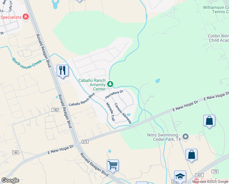 map of restaurants, bars, coffee shops, grocery stores, and more near 3205 Herradura Drive in Leander
