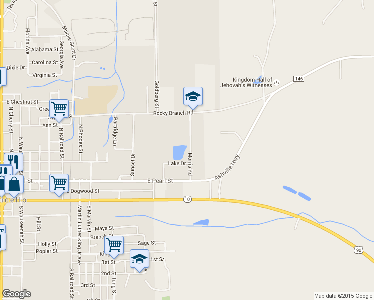 map of restaurants, bars, coffee shops, grocery stores, and more near 485 Morris Road in Monticello