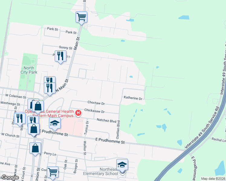 map of restaurants, bars, coffee shops, grocery stores, and more near Leday Street in Opelousas