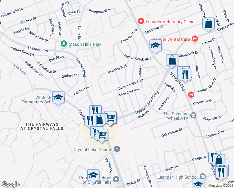 map of restaurants, bars, coffee shops, grocery stores, and more near 1601 Muledeer Run in Leander