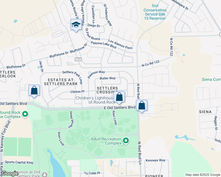map of restaurants, bars, coffee shops, grocery stores, and more near 3156 Clinton Place in Round Rock