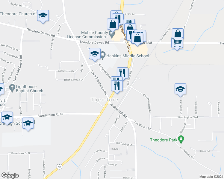 map of restaurants, bars, coffee shops, grocery stores, and more near 5880 U.S. 90 in Theodore