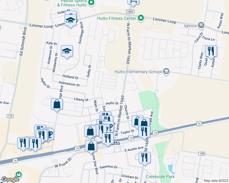 map of restaurants, bars, coffee shops, grocery stores, and more near 313 Durango Downs Drive in Hutto