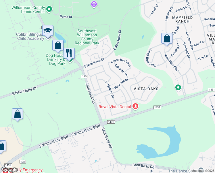 map of restaurants, bars, coffee shops, grocery stores, and more near 4222 Kingsburg Drive in Round Rock
