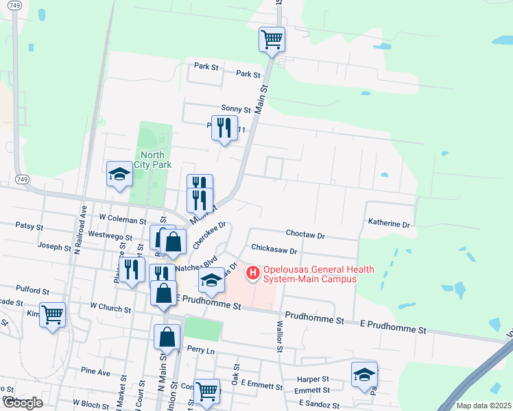 map of restaurants, bars, coffee shops, grocery stores, and more near 570 Brignac Lane in Opelousas