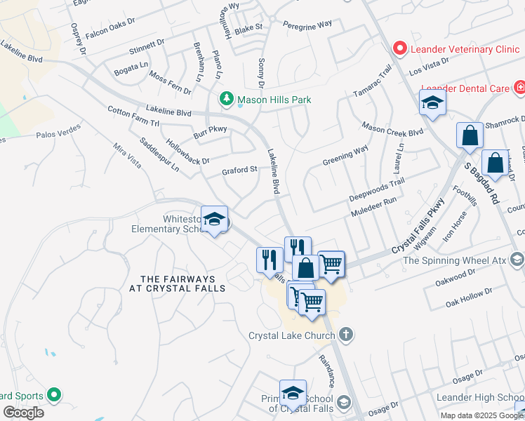 map of restaurants, bars, coffee shops, grocery stores, and more near 1604 Carmine Drive in Leander