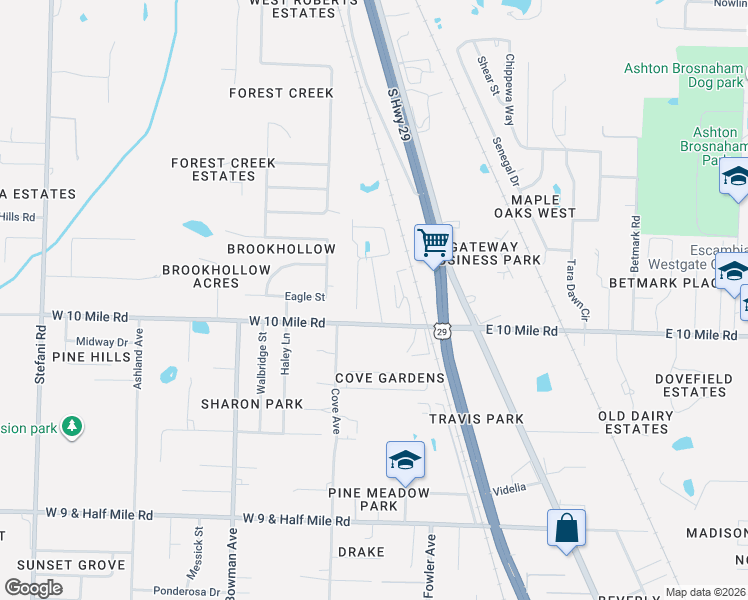 map of restaurants, bars, coffee shops, grocery stores, and more near 1836 West 10 Mile Road in Cantonment