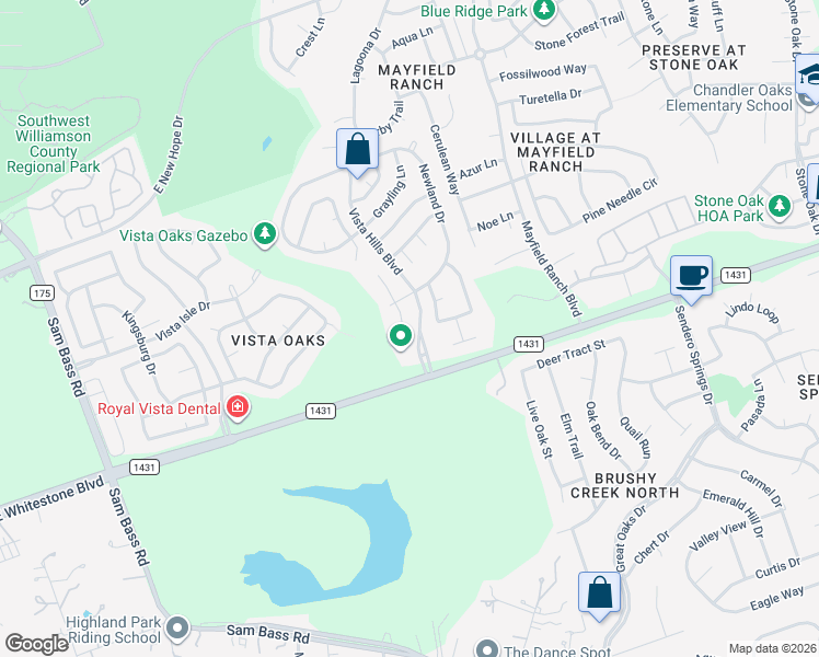 map of restaurants, bars, coffee shops, grocery stores, and more near 4006 Springwillow Lane in Round Rock
