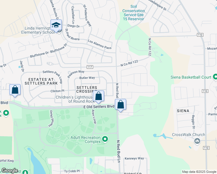 map of restaurants, bars, coffee shops, grocery stores, and more near 2612 Butler Way in Round Rock