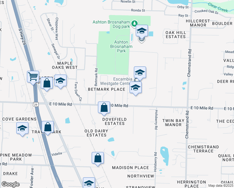 map of restaurants, bars, coffee shops, grocery stores, and more near 1118 Camaree Place in Pensacola