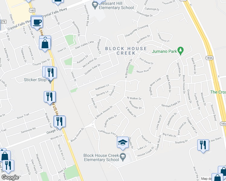 map of restaurants, bars, coffee shops, grocery stores, and more near Susan Ln in Leander
